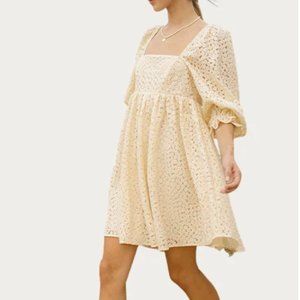 Storia Crochet Flower Cream/Ivory Baby Doll Puff Sleeve Mini Dress
